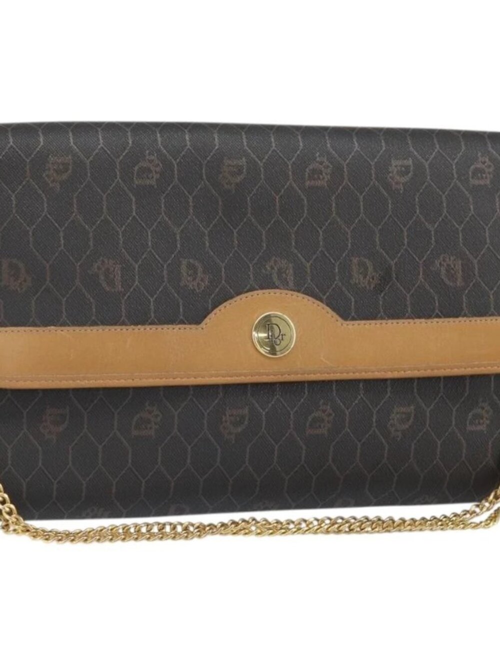 Christian Dior Honeycomb Canvas Chain Shoulder Bag PVC Black Gold Auth ka2188